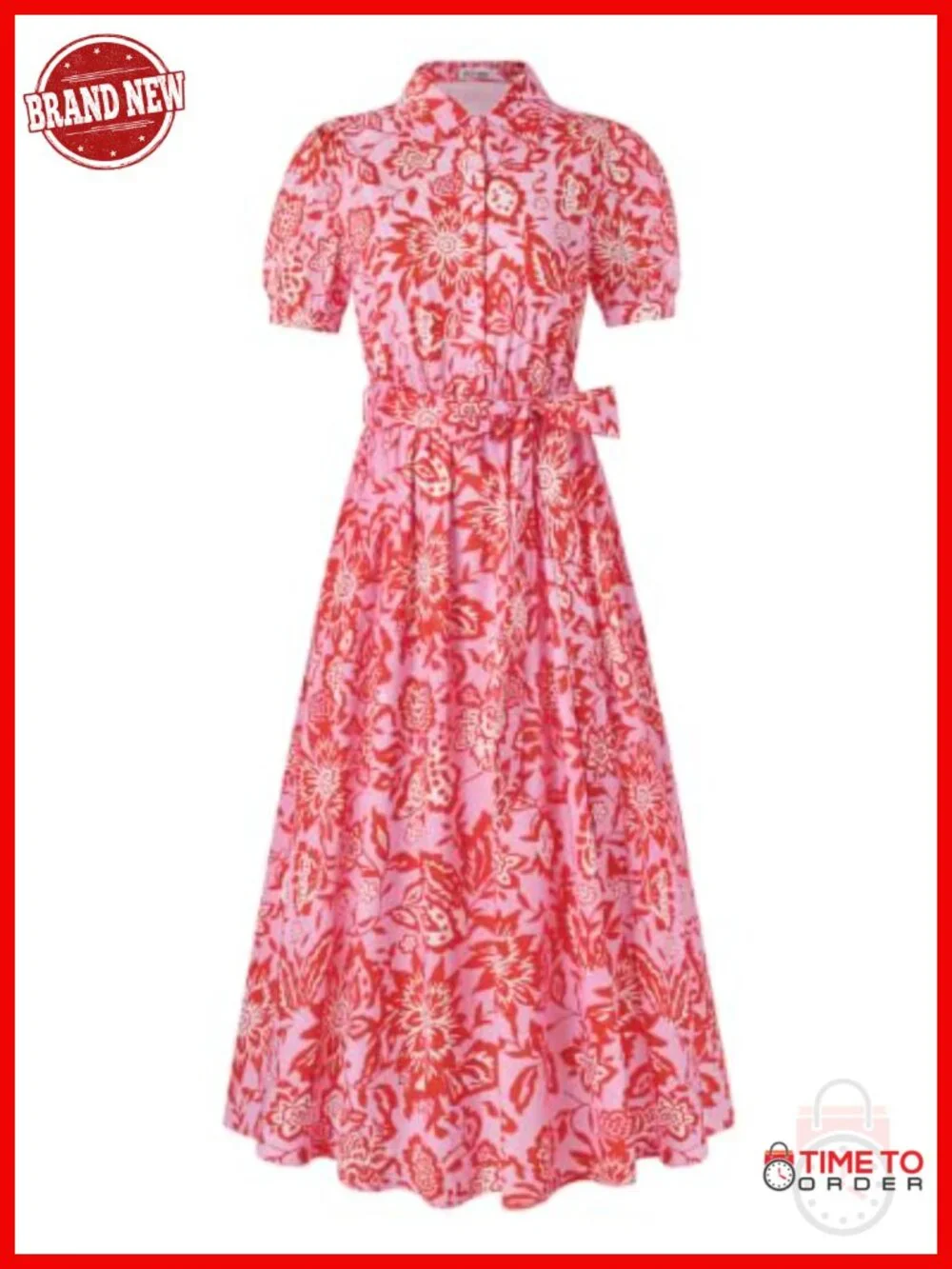 Summer Floral Midi Shirt Dress Cotton Puff Sleeve with Pockets Boho Sundress